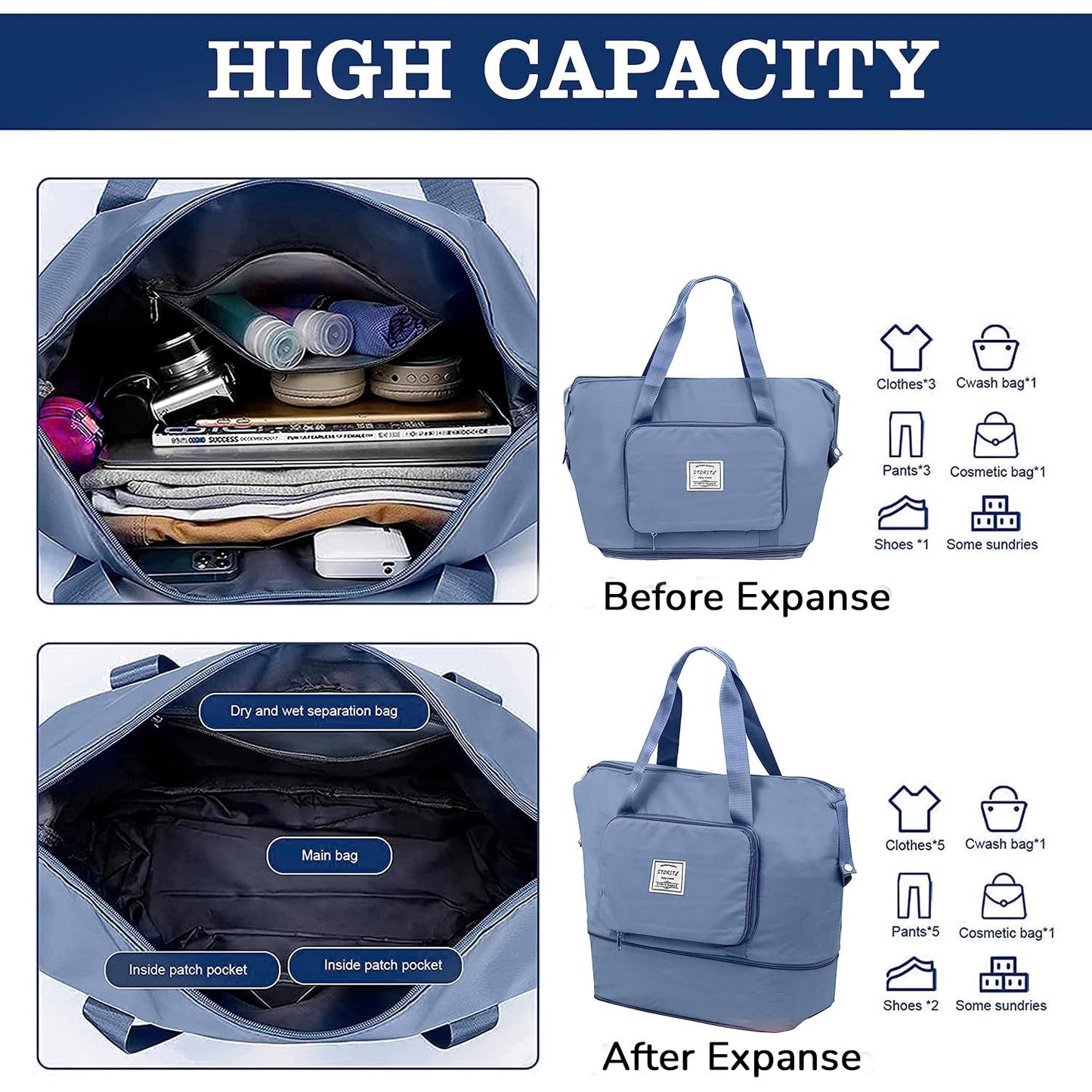 Foldable Travel Duffel Bag with Wet Pocket & Shoe Compartment | Waterproof Weekend Bag