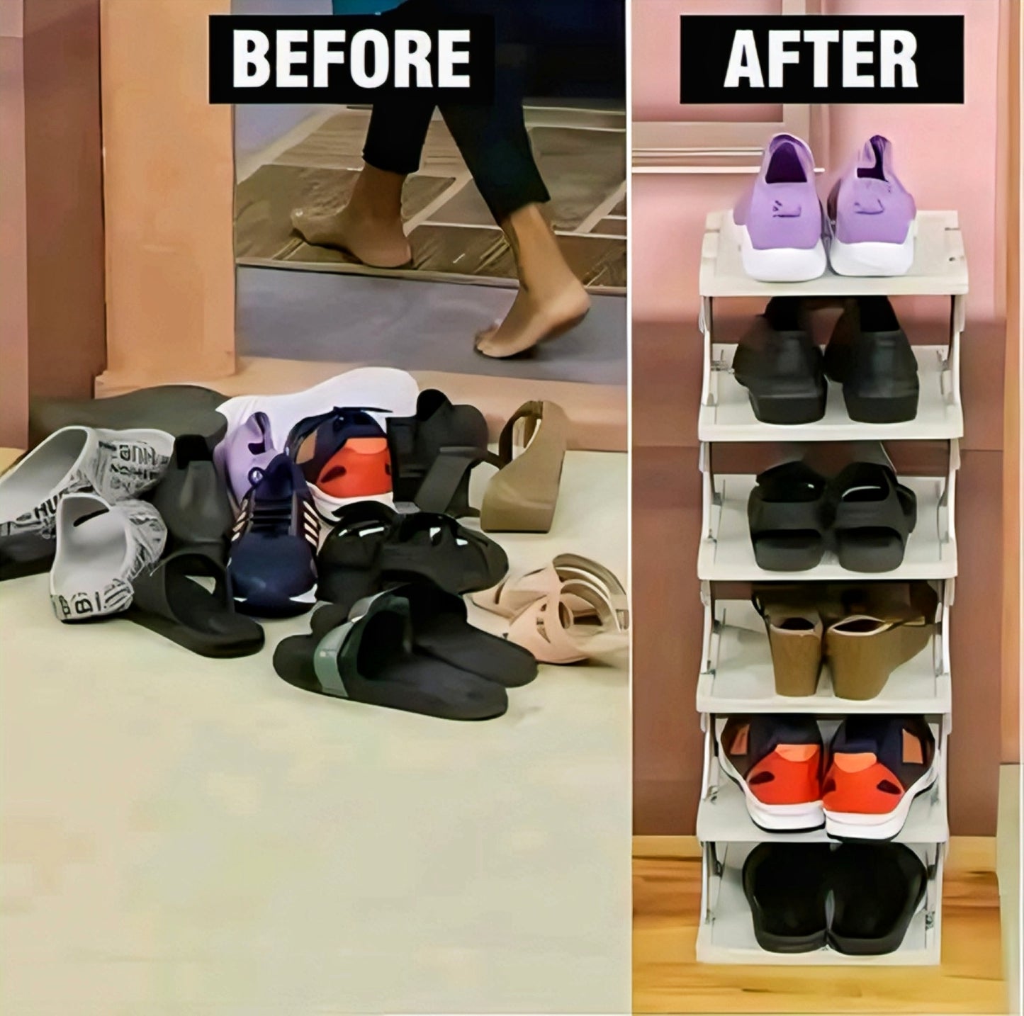 FoldEase Stackable Adjustable Storage Rack – Space Saving Organizer for Kitchen, Wardrobe & Home