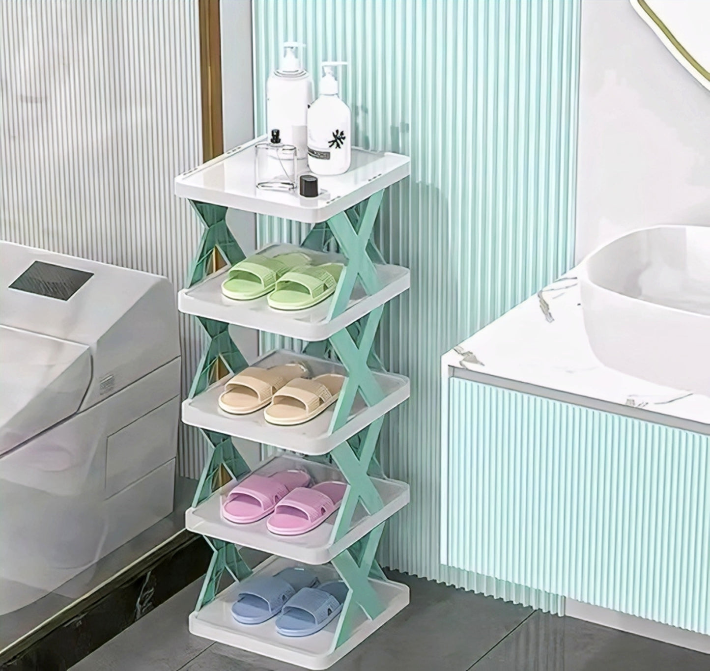 FoldEase Stackable Adjustable Storage Rack – Space Saving Organizer for Kitchen, Wardrobe & Home